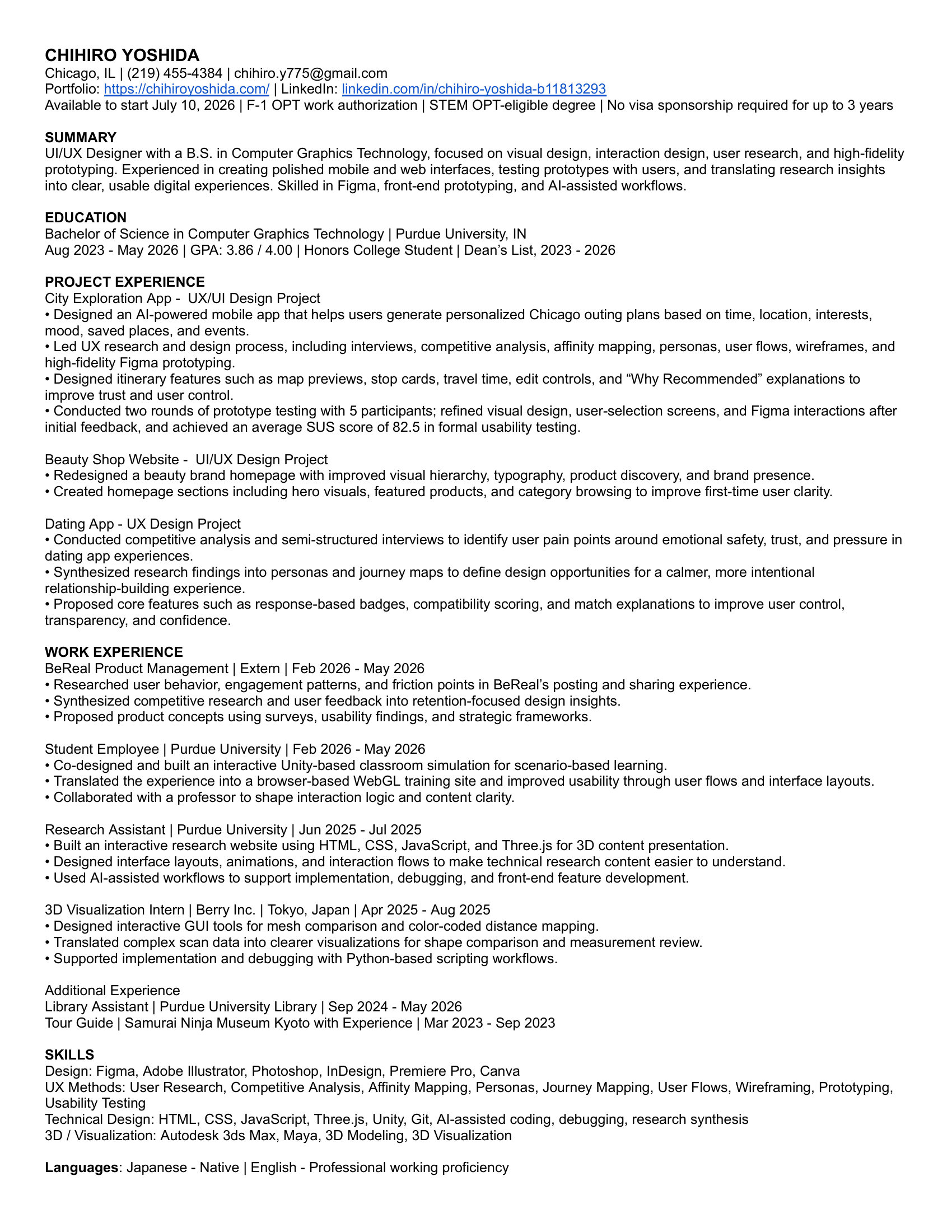 Resume preview of Chihiro Yoshida
