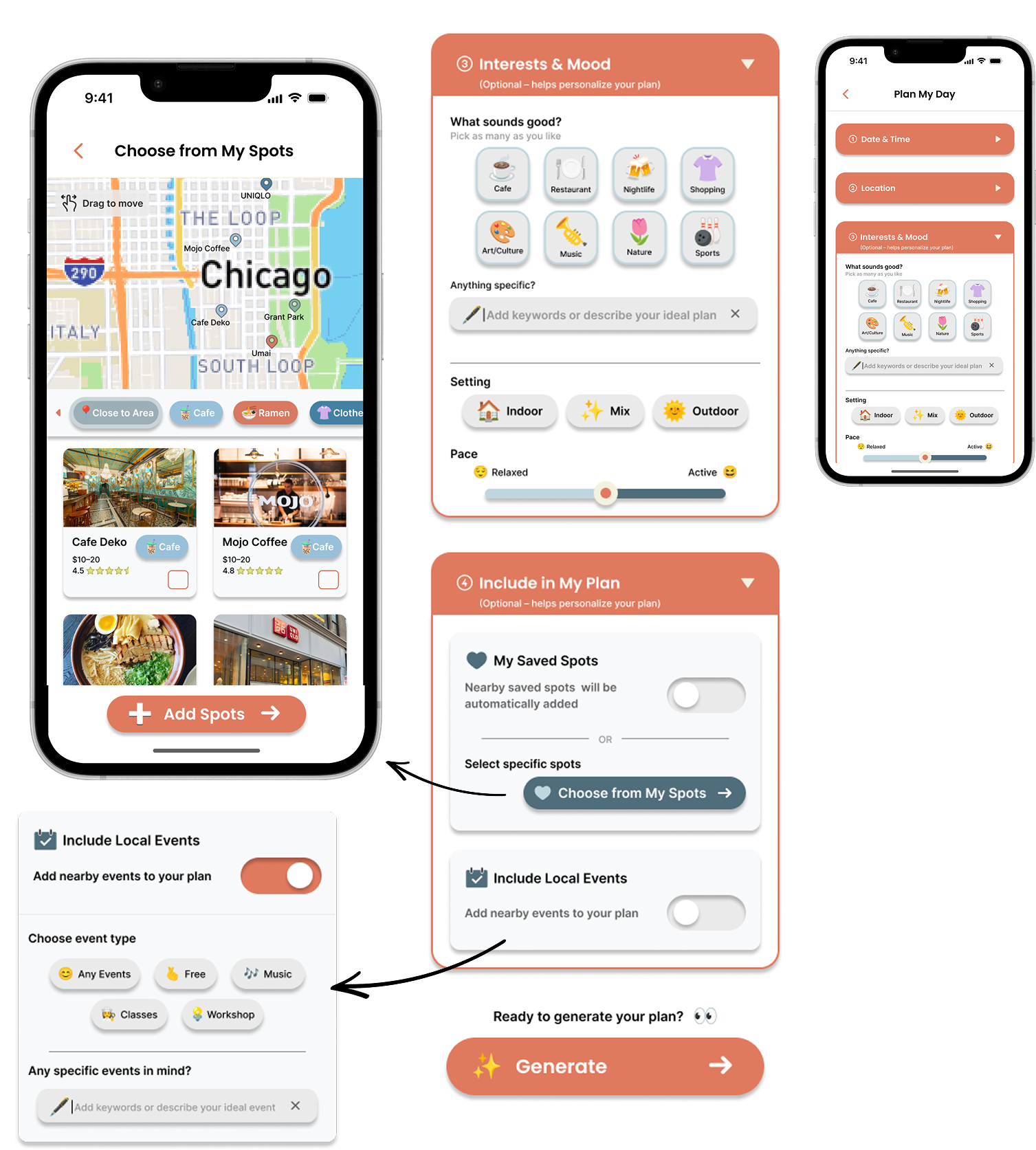 Plan My Day interests, saved spots, and events overview