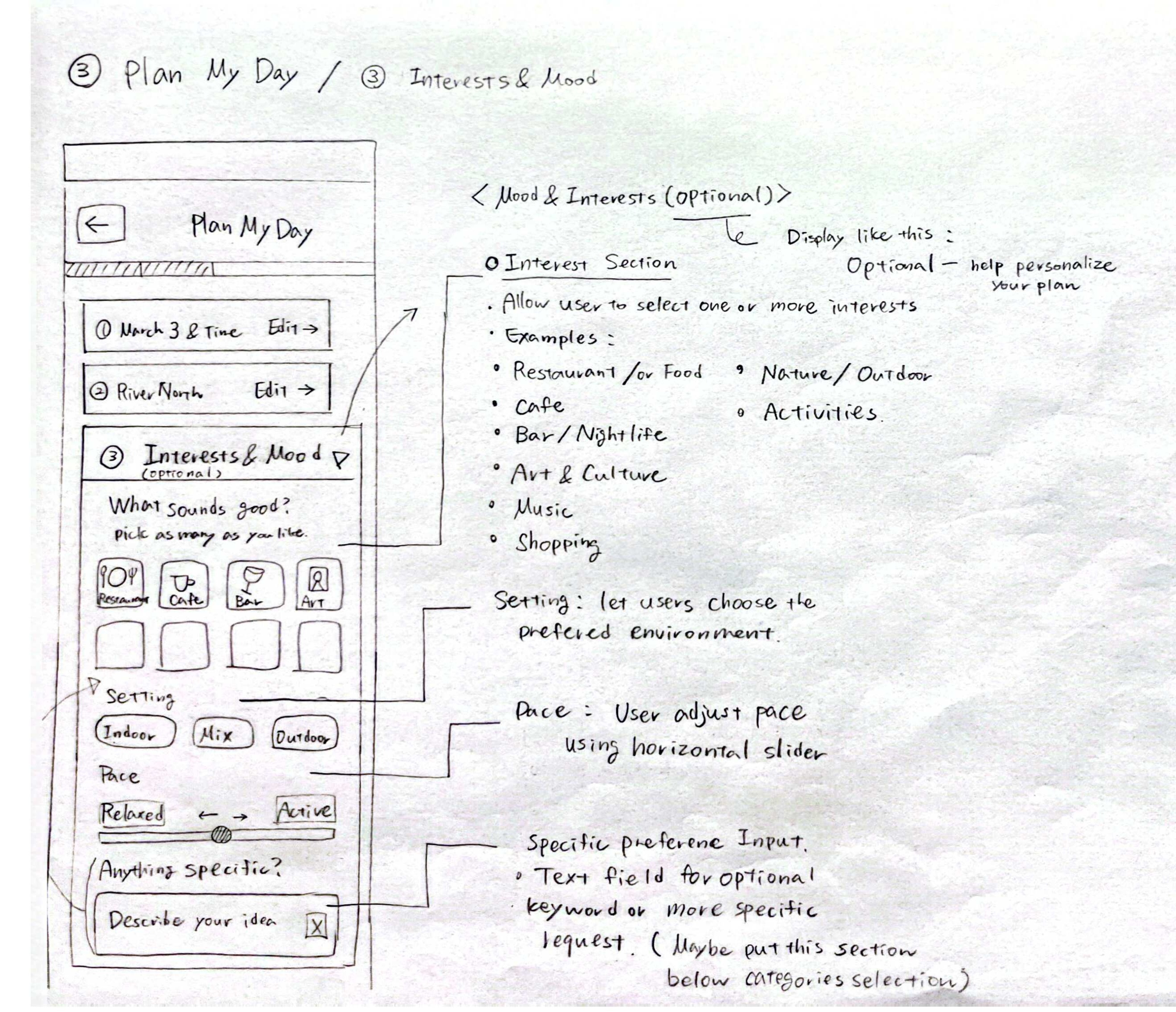 Plan My Day interests and mood wireframe