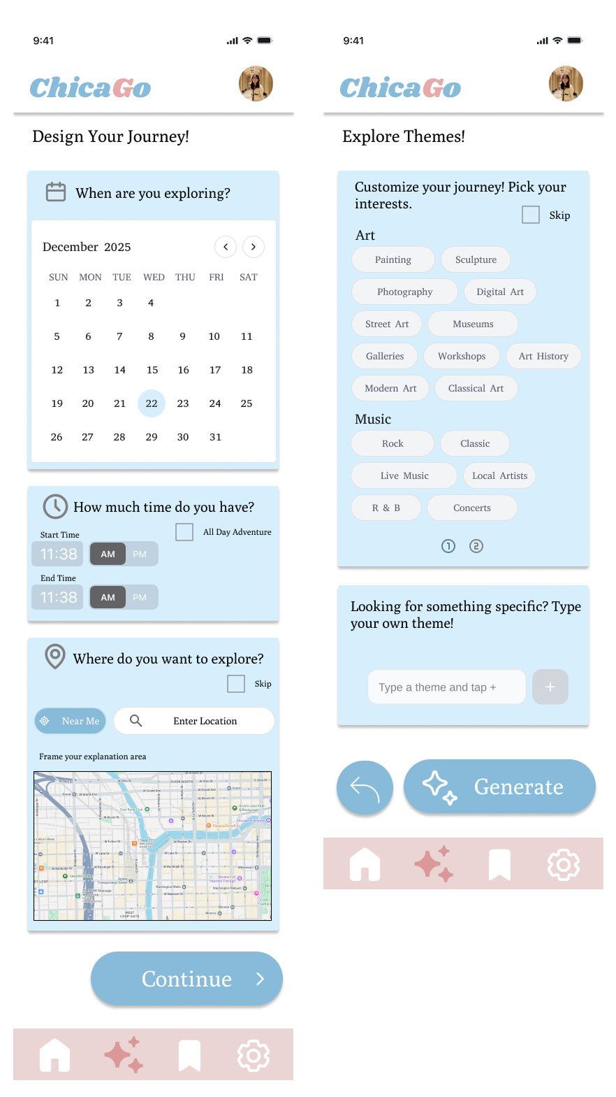 High-fidelity plan setup screens for date, location, and interests