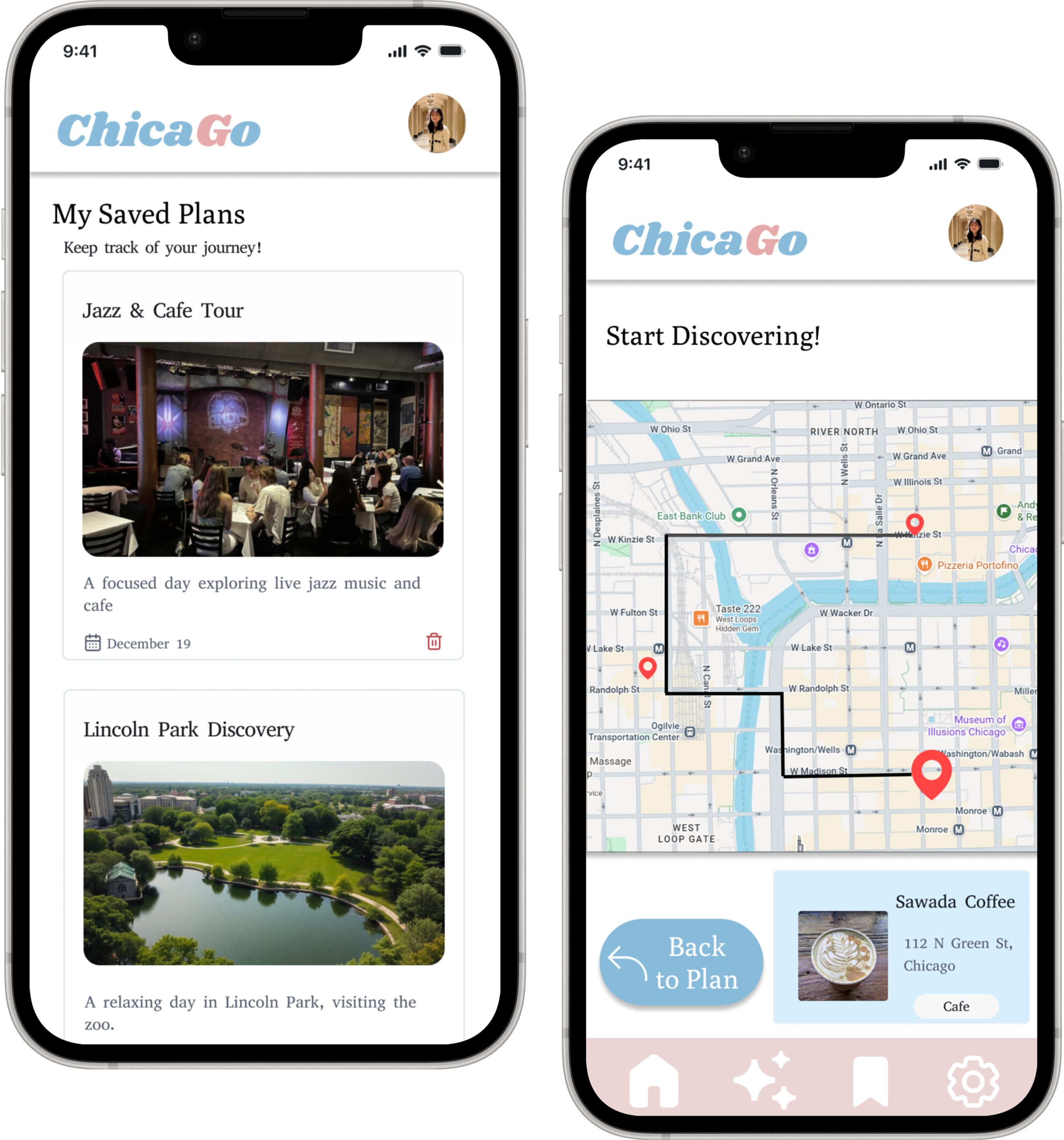 High-fidelity saved plans and navigation screens